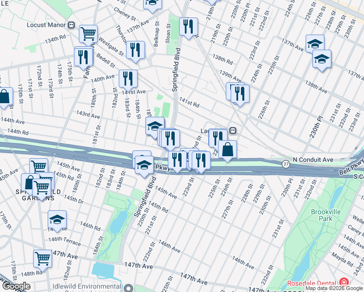 map of restaurants, bars, coffee shops, grocery stores, and more near 143-21 Springfield Boulevard in Queens