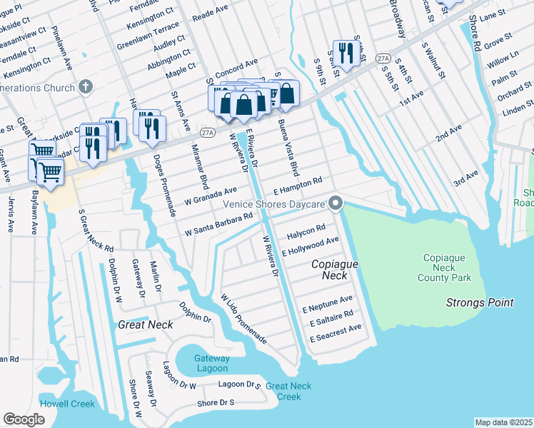 map of restaurants, bars, coffee shops, grocery stores, and more near 95 East Riviera Drive in Lindenhurst