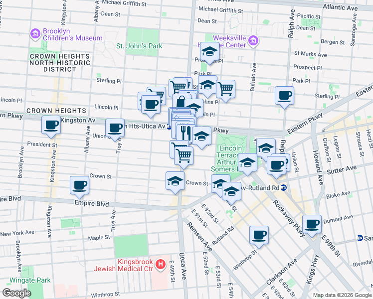 map of restaurants, bars, coffee shops, grocery stores, and more near 313 Utica Avenue in Brooklyn