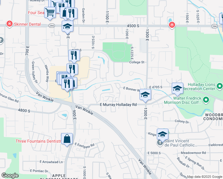 map of restaurants, bars, coffee shops, grocery stores, and more near 4656 Woodduck Lane in Millcreek