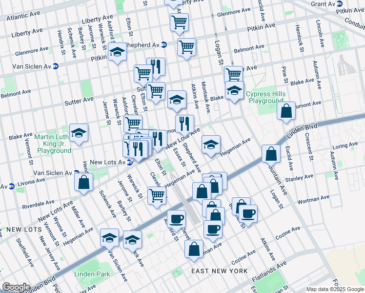 map of restaurants, bars, coffee shops, grocery stores, and more near 660 Shepherd Avenue in Brooklyn