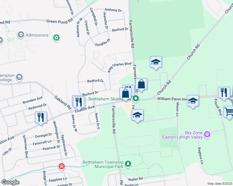 map of restaurants, bars, coffee shops, grocery stores, and more near 107 Brandywine Drive in Bethlehem