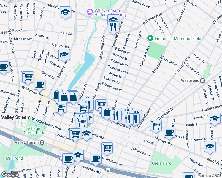 map of restaurants, bars, coffee shops, grocery stores, and more near 98 North Grove Street in Valley Stream