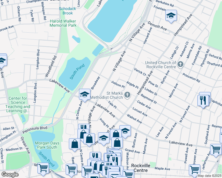 map of restaurants, bars, coffee shops, grocery stores, and more near 76 Judson Place in Rockville Centre