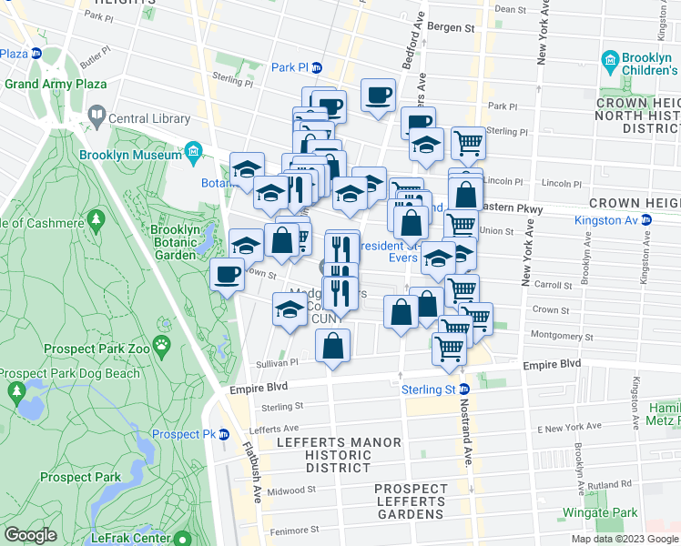 map of restaurants, bars, coffee shops, grocery stores, and more near 1600 Bedford Avenue in Brooklyn