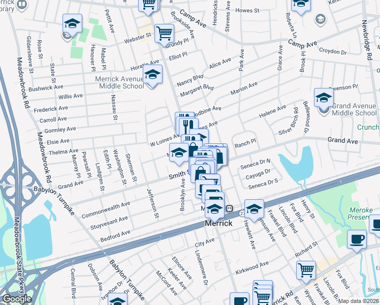 map of restaurants, bars, coffee shops, grocery stores, and more near 139 Merrick Avenue North in Merrick