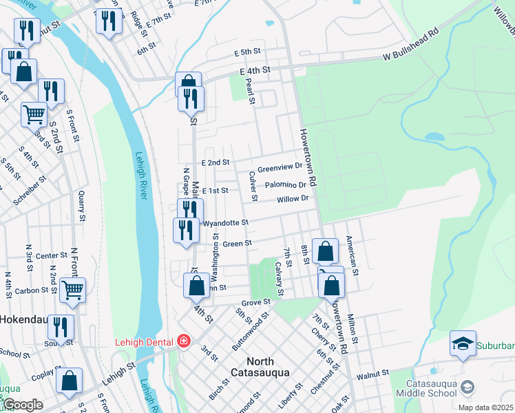 map of restaurants, bars, coffee shops, grocery stores, and more near 641 Palomino Drive in Catasauqua