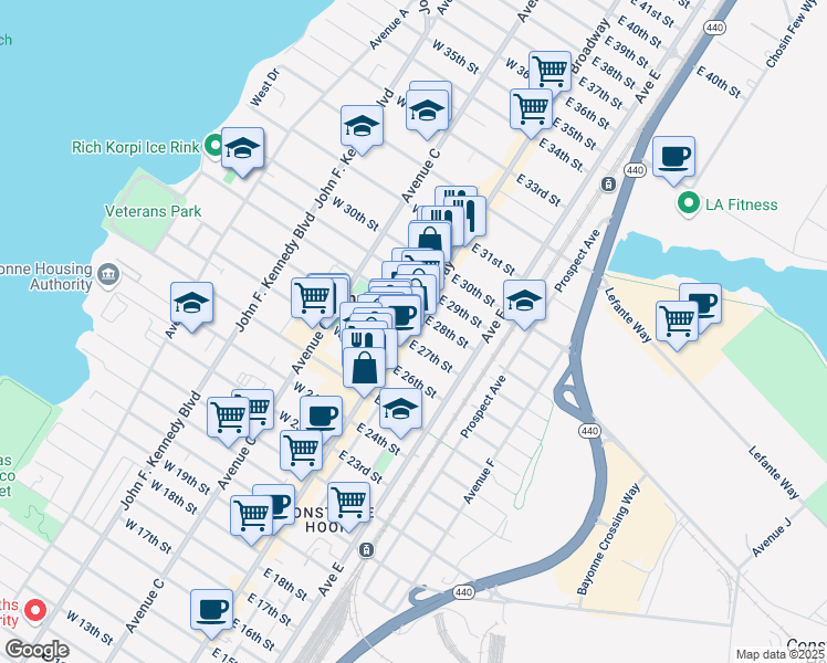 map of restaurants, bars, coffee shops, grocery stores, and more near in Bayonne