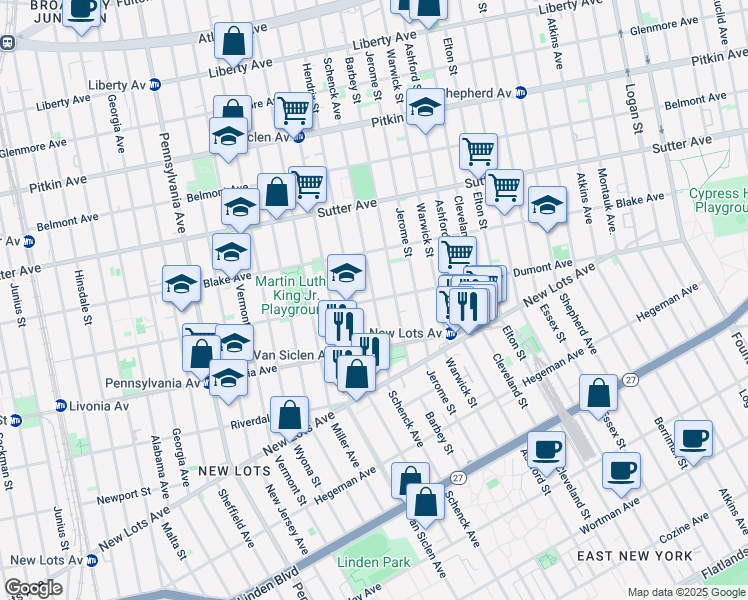 map of restaurants, bars, coffee shops, grocery stores, and more near Schenck Avenue in Brooklyn