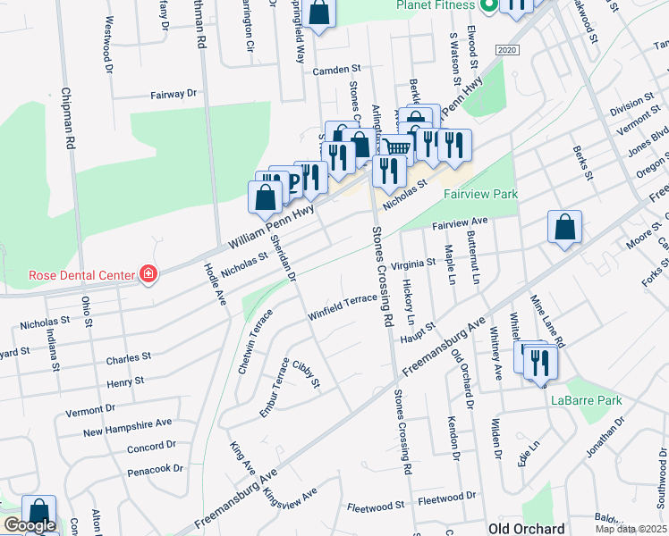 map of restaurants, bars, coffee shops, grocery stores, and more near 19 Winfield Court in Easton