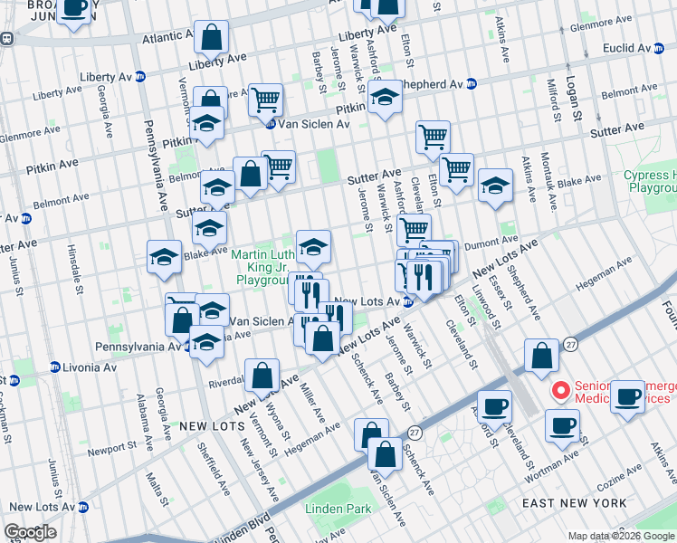 map of restaurants, bars, coffee shops, grocery stores, and more near Schenck Avenue in Brooklyn