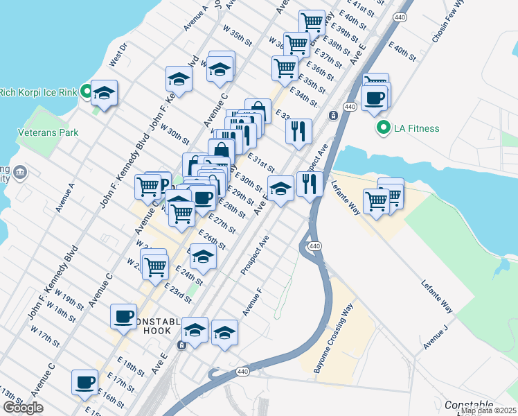 map of restaurants, bars, coffee shops, grocery stores, and more near Avenue East & East 29th Street in Bayonne