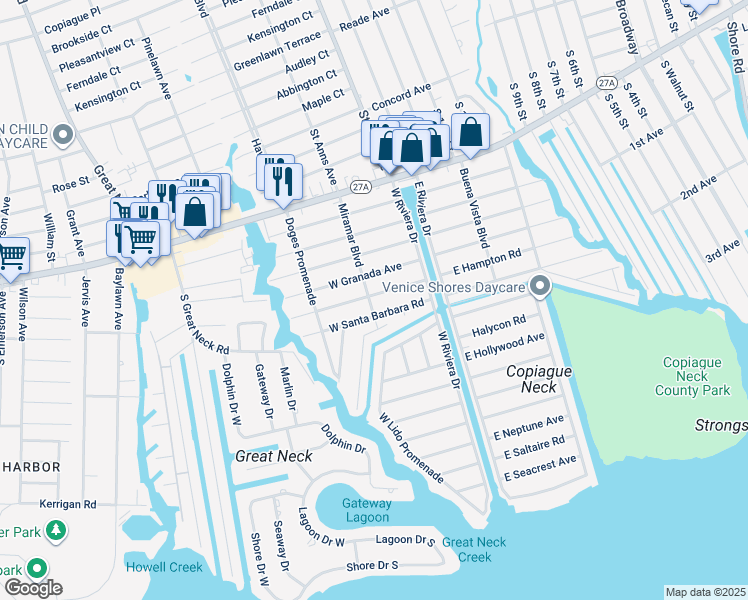 map of restaurants, bars, coffee shops, grocery stores, and more near 67 West Hampton Road in Lindenhurst