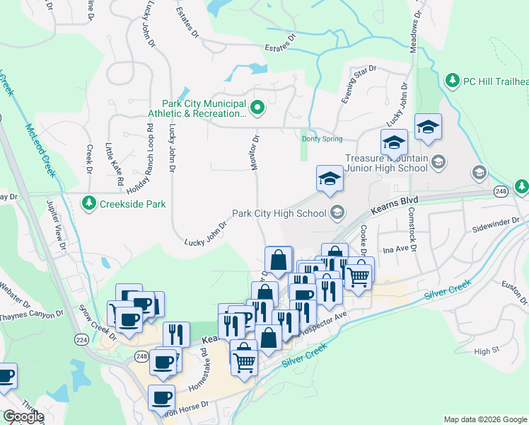 map of restaurants, bars, coffee shops, grocery stores, and more near 1550 Lucky John Drive in Park City