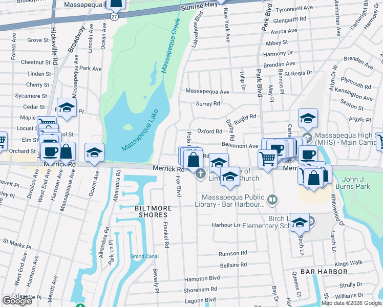 map of restaurants, bars, coffee shops, grocery stores, and more near 71 Beaumont Avenue in Massapequa