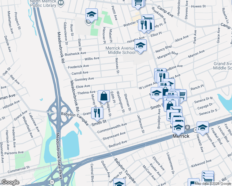 map of restaurants, bars, coffee shops, grocery stores, and more near 128 Thelma Avenue in Merrick