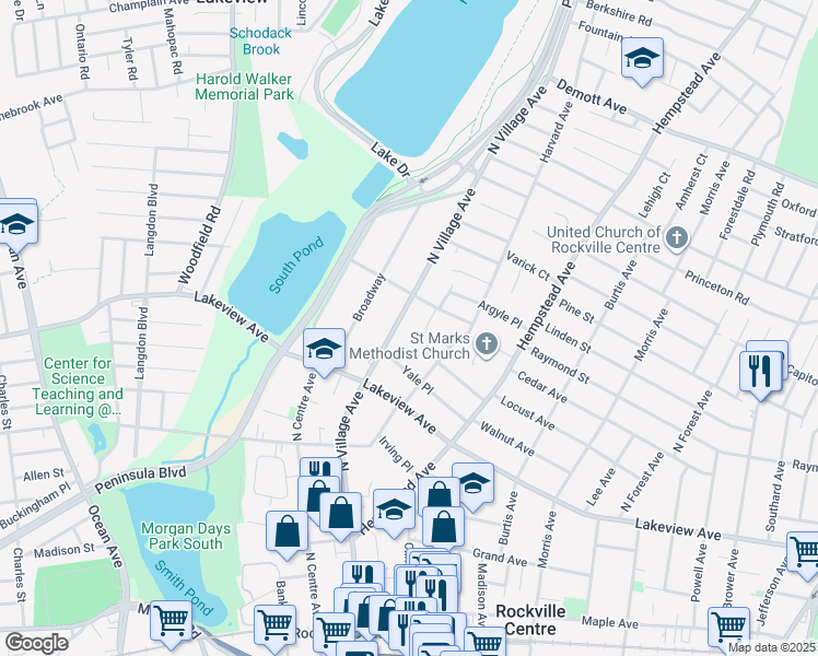 map of restaurants, bars, coffee shops, grocery stores, and more near 76 Judson Place in Rockville Centre