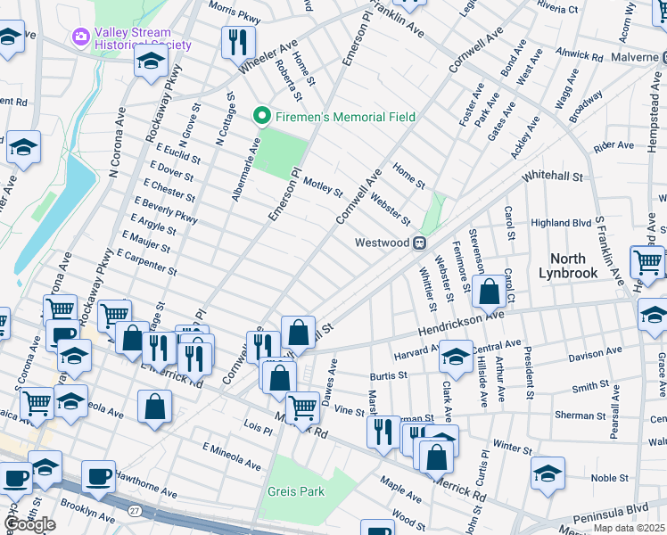 map of restaurants, bars, coffee shops, grocery stores, and more near 253 East Chester Street in Valley Stream