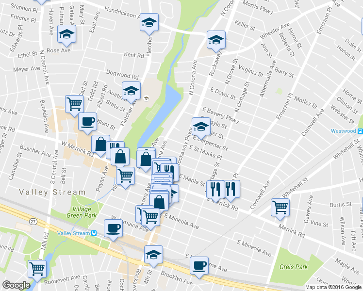 map of restaurants, bars, coffee shops, grocery stores, and more near 95 Rockaway Parkway in Valley Stream