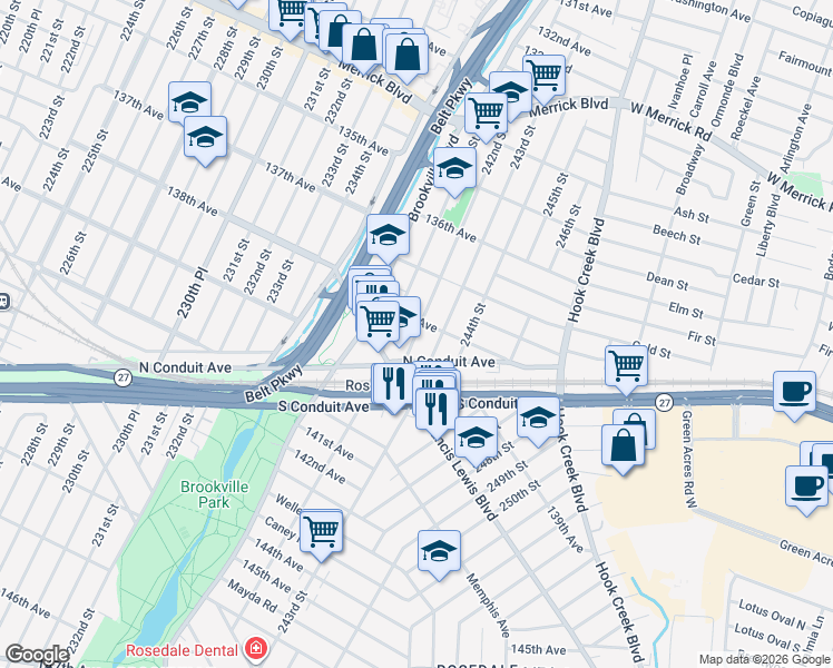 map of restaurants, bars, coffee shops, grocery stores, and more near 241-15 138th Avenue in Queens