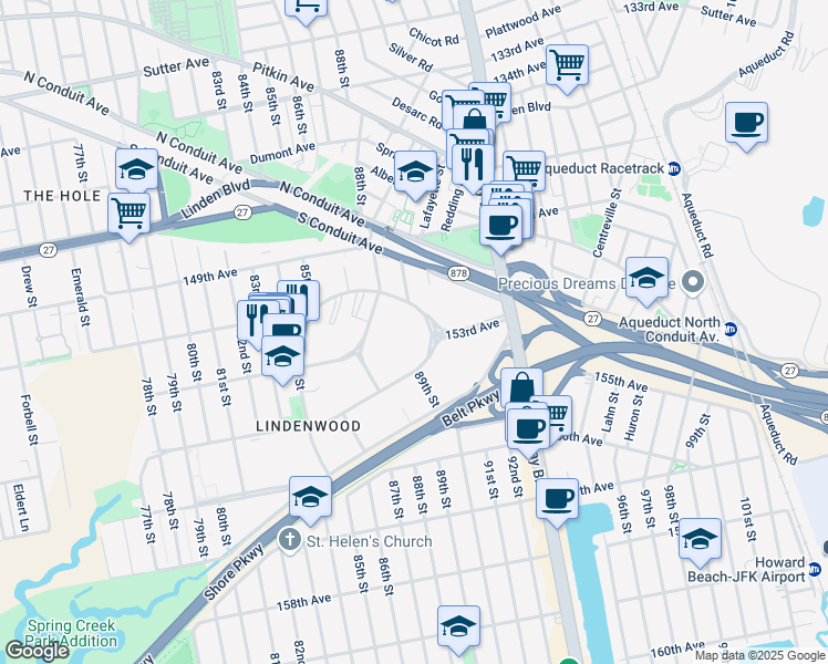 map of restaurants, bars, coffee shops, grocery stores, and more near 88-12 151st Avenue in Queens