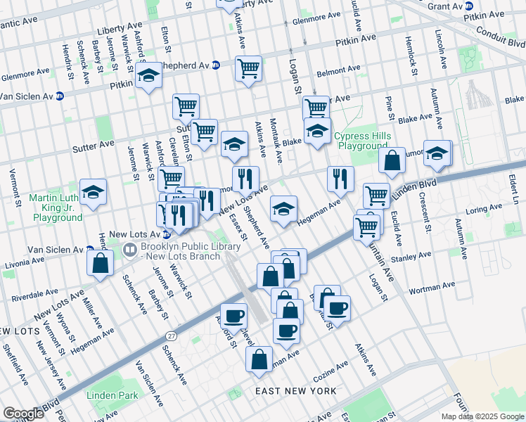map of restaurants, bars, coffee shops, grocery stores, and more near 884 New Lots Avenue in Brooklyn