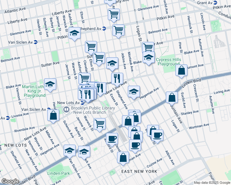 map of restaurants, bars, coffee shops, grocery stores, and more near 660 Shepherd Avenue in Brooklyn