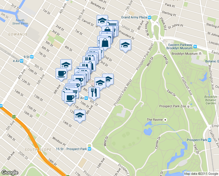 map of restaurants, bars, coffee shops, grocery stores, and more near 550 5th Street in Brooklyn