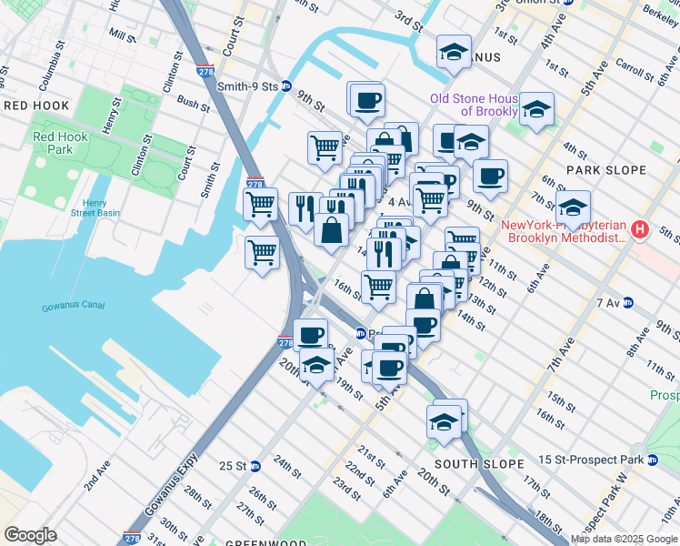 map of restaurants, bars, coffee shops, grocery stores, and more near 557 3rd Avenue in Brooklyn