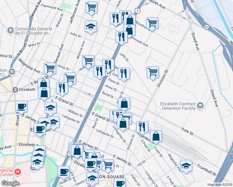 map of restaurants, bars, coffee shops, grocery stores, and more near 904-906 Flora Street in Elizabeth