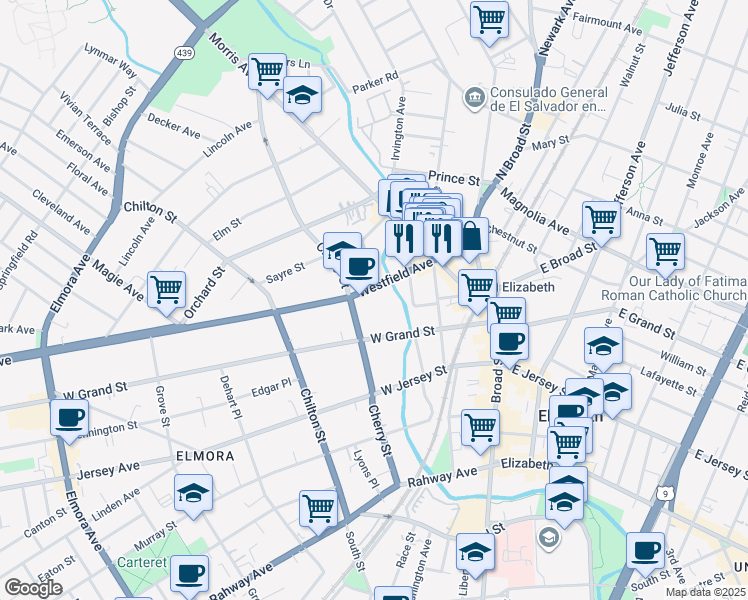 map of restaurants, bars, coffee shops, grocery stores, and more near 73 Westfield Avenue in Elizabeth