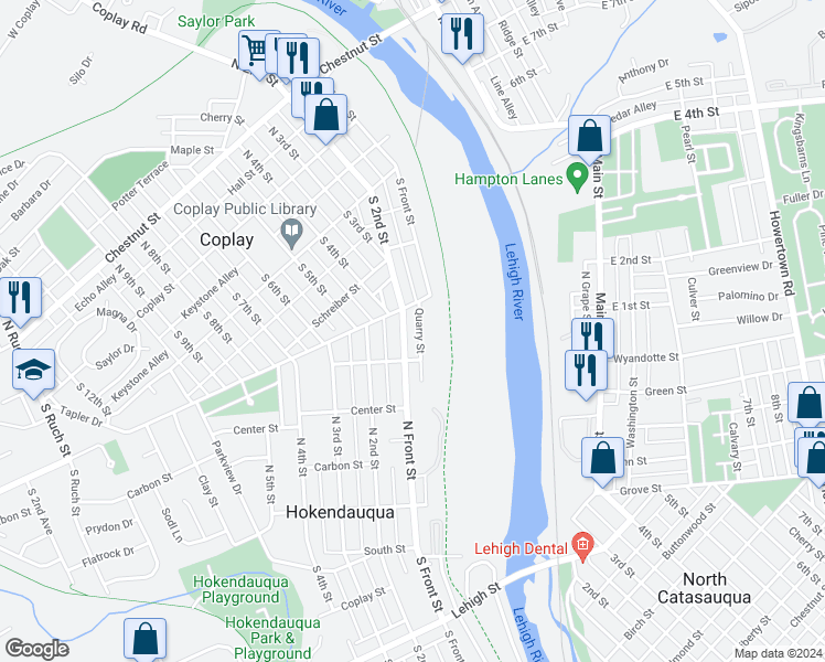 map of restaurants, bars, coffee shops, grocery stores, and more near 3448 Quarry Street in Hokendauqua