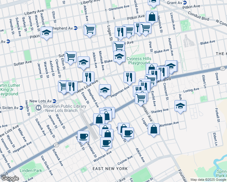 map of restaurants, bars, coffee shops, grocery stores, and more near 443 Montauk Avenue in Brooklyn