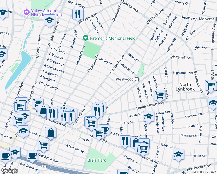 map of restaurants, bars, coffee shops, grocery stores, and more near 253 East Chester Street in Valley Stream