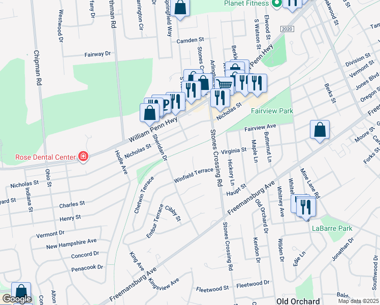map of restaurants, bars, coffee shops, grocery stores, and more near 18 Winfield Court in Easton