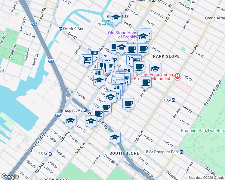 map of restaurants, bars, coffee shops, grocery stores, and more near 246 12th Street in Brooklyn