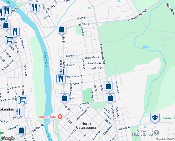 map of restaurants, bars, coffee shops, grocery stores, and more near 641 Palomino Drive in Catasauqua