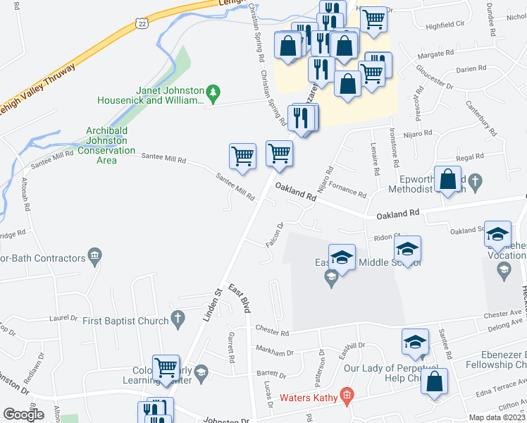 map of restaurants, bars, coffee shops, grocery stores, and more near 3492 Linden Street in Bethlehem
