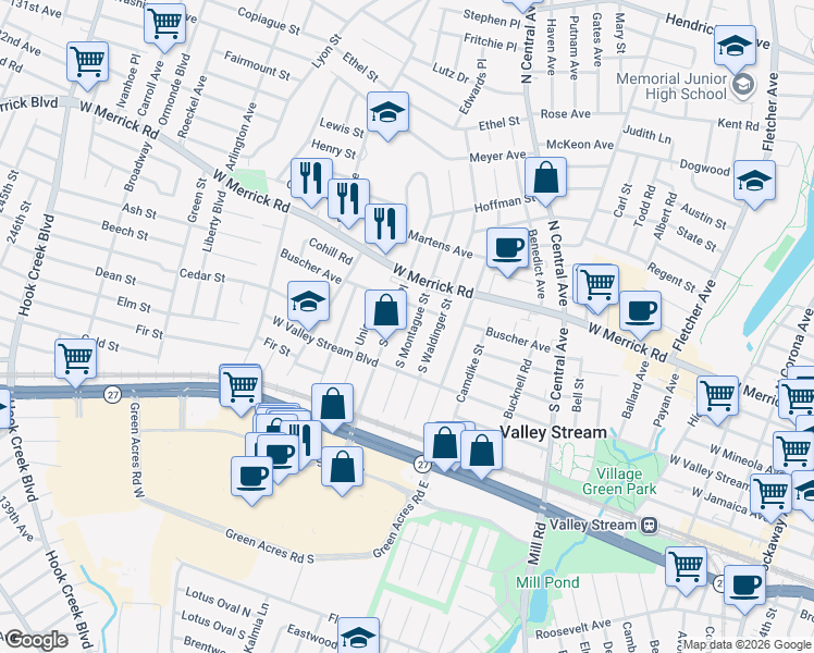 map of restaurants, bars, coffee shops, grocery stores, and more near 27 South Terrace Place in Valley Stream