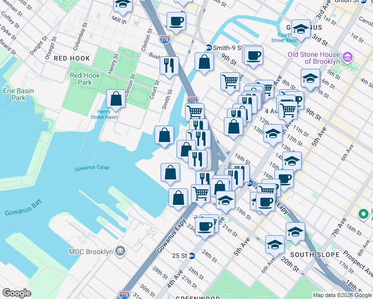 map of restaurants, bars, coffee shops, grocery stores, and more near 13 in Brooklyn