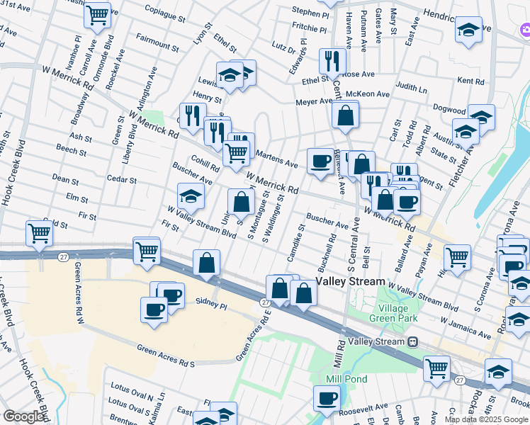 map of restaurants, bars, coffee shops, grocery stores, and more near 157 Buscher Avenue in Valley Stream