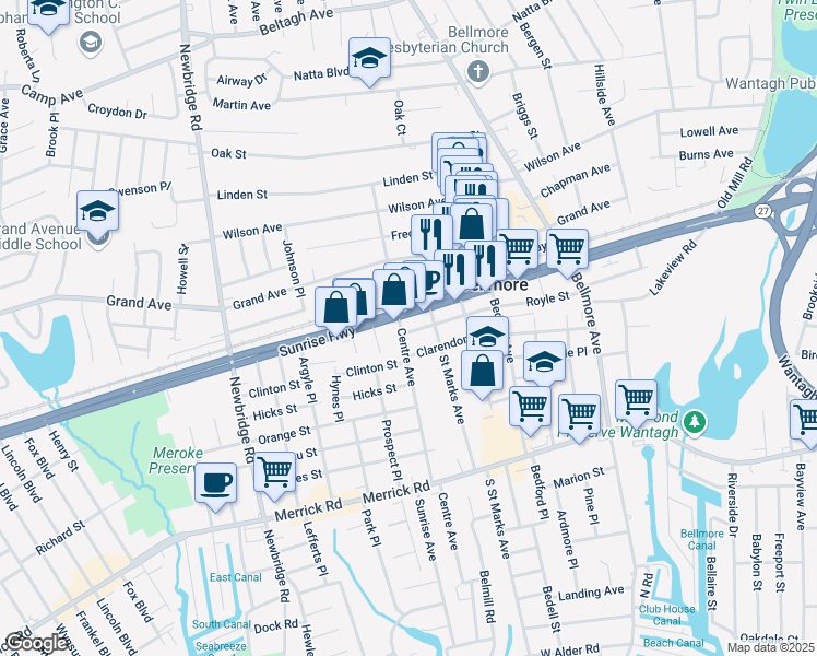 map of restaurants, bars, coffee shops, grocery stores, and more near 1282 Sunrise Highway in Bellmore