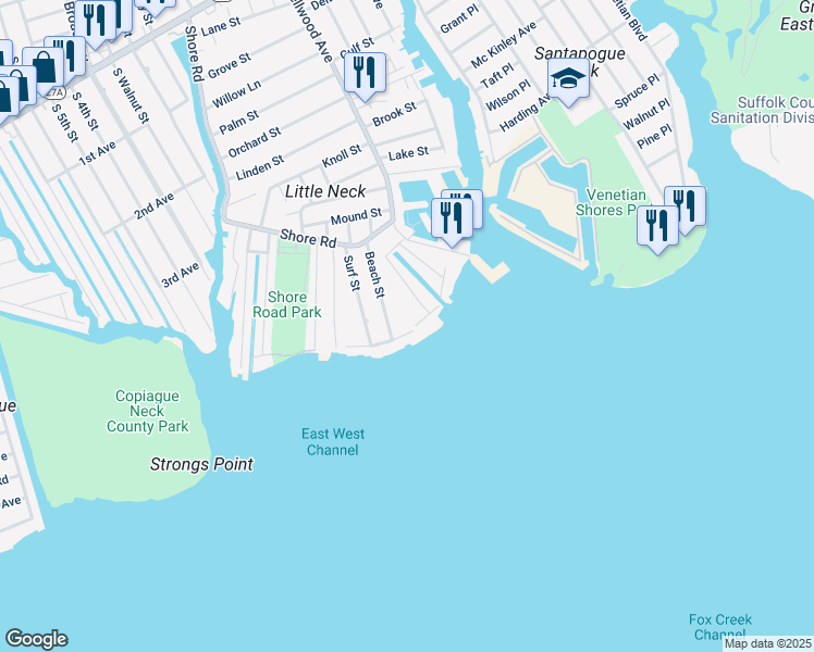 map of restaurants, bars, coffee shops, grocery stores, and more near 859 Atlantic Street in Lindenhurst