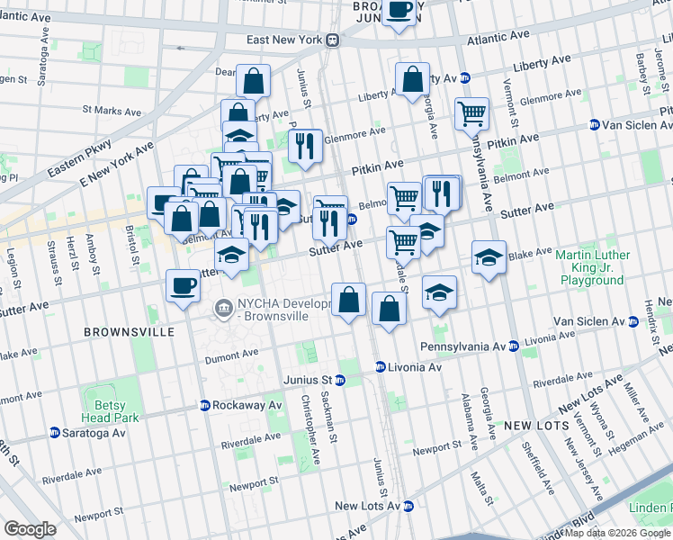map of restaurants, bars, coffee shops, grocery stores, and more near 456 Sutter Avenue in Brooklyn