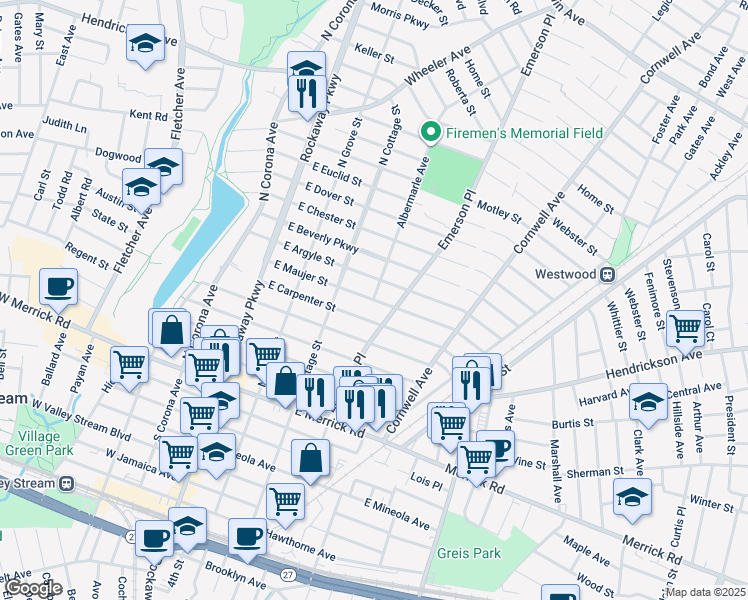 map of restaurants, bars, coffee shops, grocery stores, and more near 121 East Maujer Street in Valley Stream