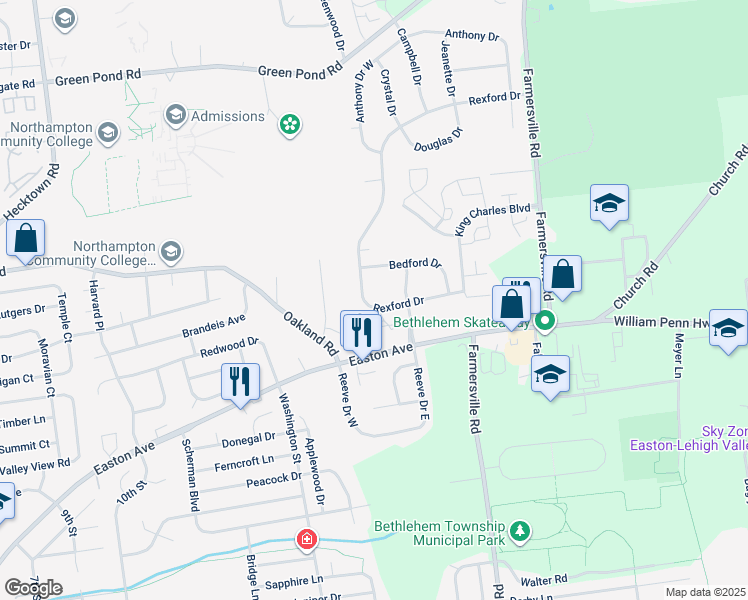 map of restaurants, bars, coffee shops, grocery stores, and more near 4137 Rexford Drive in Bethlehem