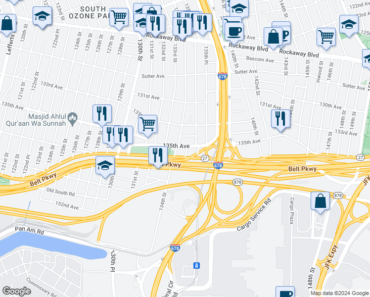 map of restaurants, bars, coffee shops, grocery stores, and more near 134-18 135th Avenue in Queens