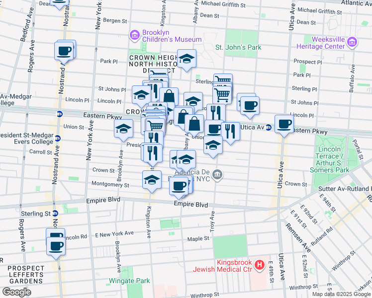 map of restaurants, bars, coffee shops, grocery stores, and more near Albany Ave & President St in Brooklyn