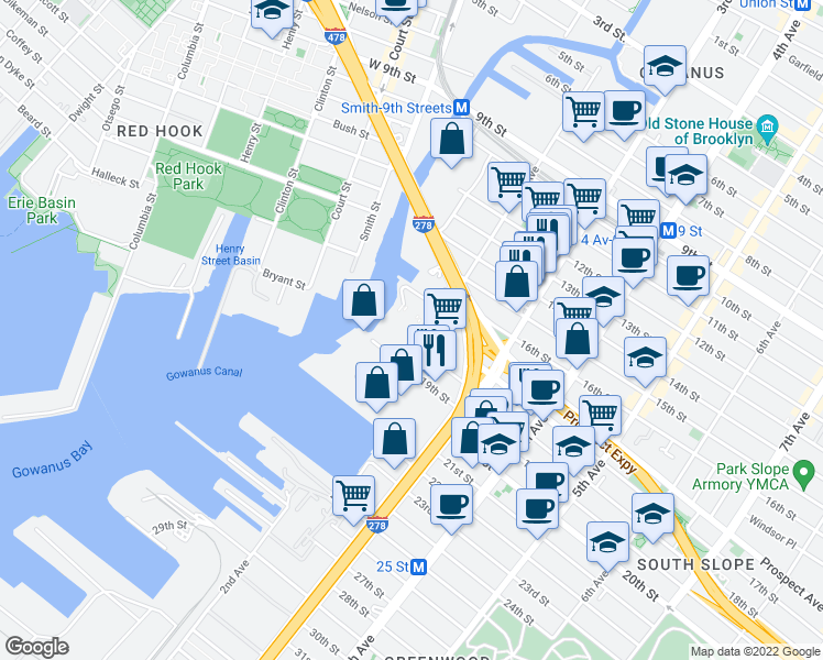 map of restaurants, bars, coffee shops, grocery stores, and more near 11 in Brooklyn