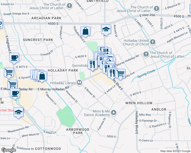 map of restaurants, bars, coffee shops, grocery stores, and more near 2250 East Murray Holladay Road in Holladay